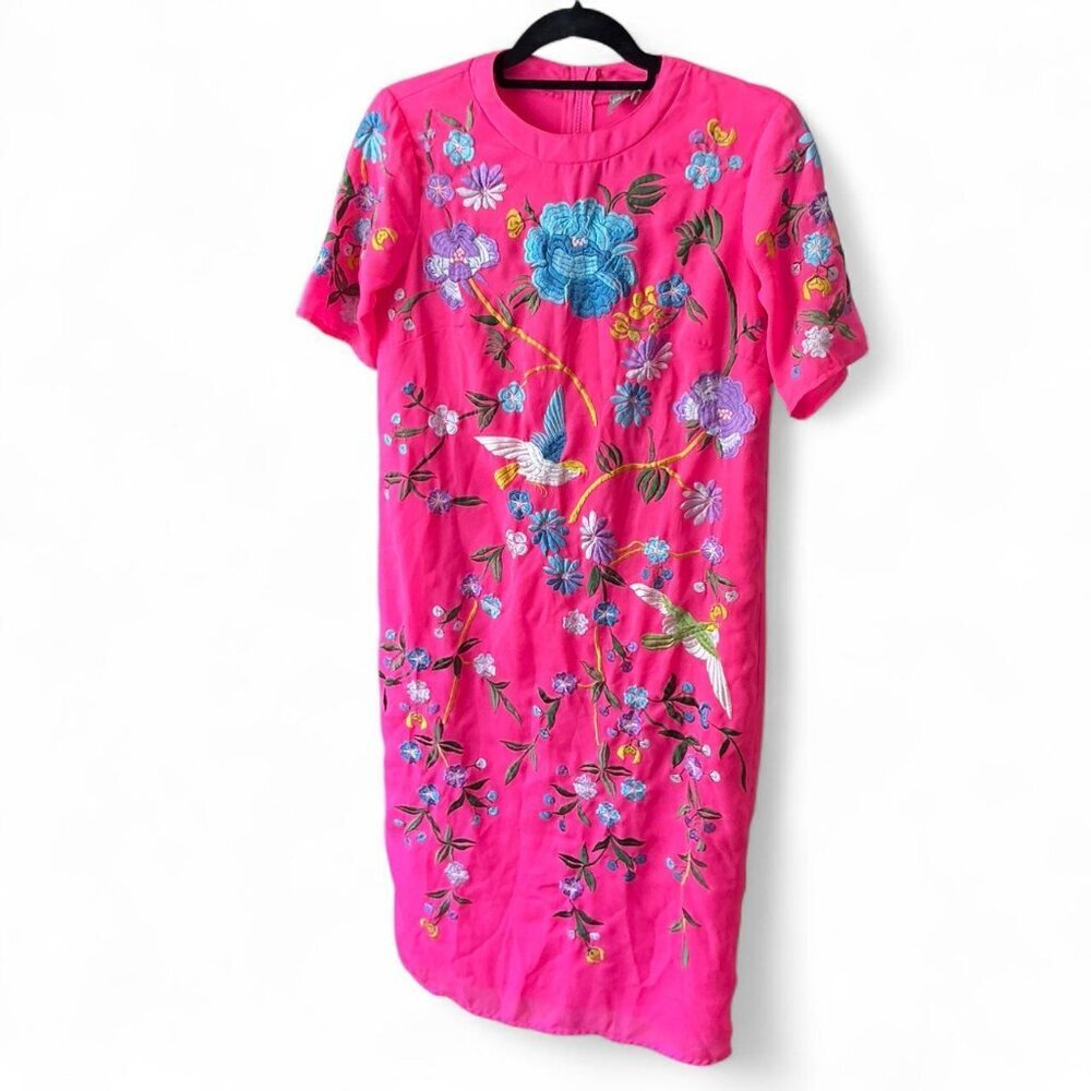 ASOS Hot Pink Midi Dress with Multicolor Floral Embroidery